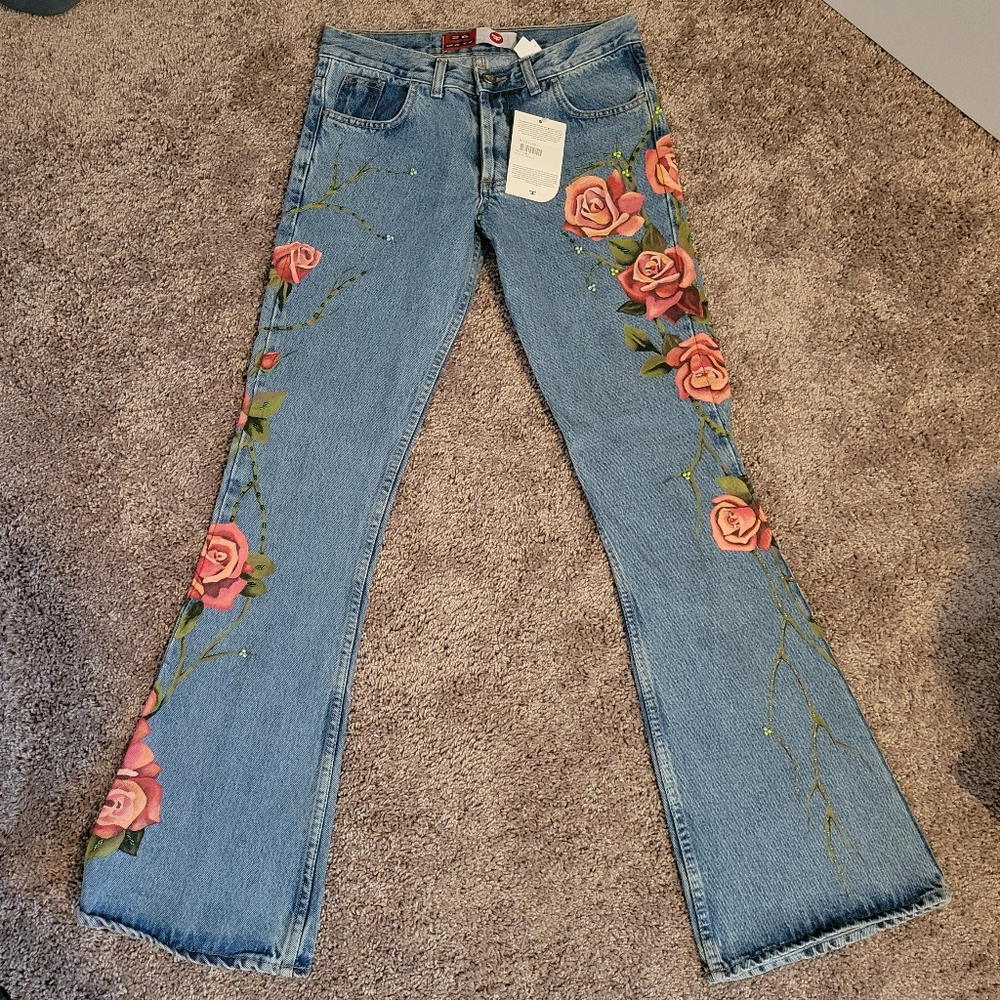 Anthropology FLORAL PAINTED Beaded Jeans 2/4 NWT